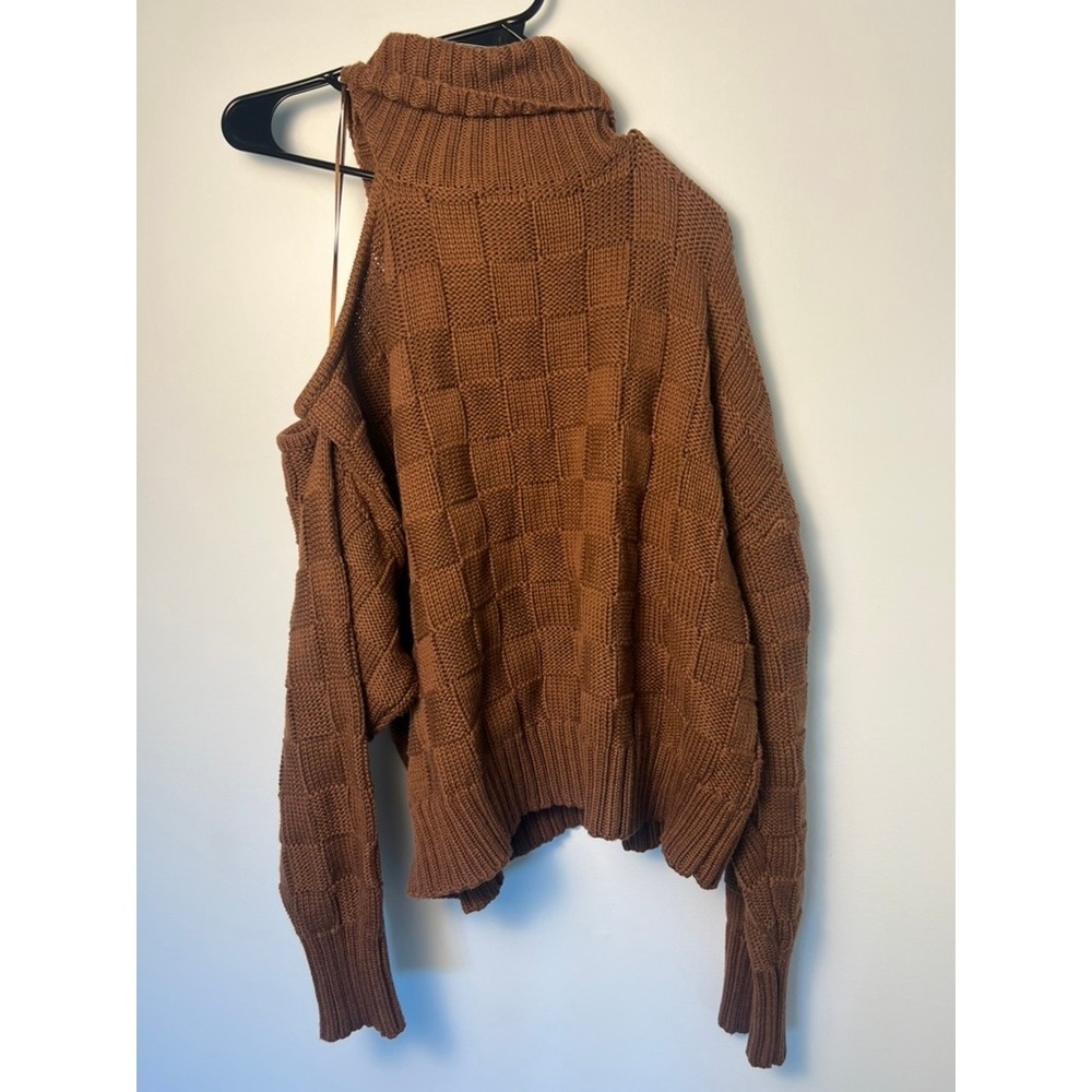 ASTR The Label Cold Shoulder Sweater‎ Wm XL Brown Checkerboard Knit AT17528 Cozy - Picture 5 of 5